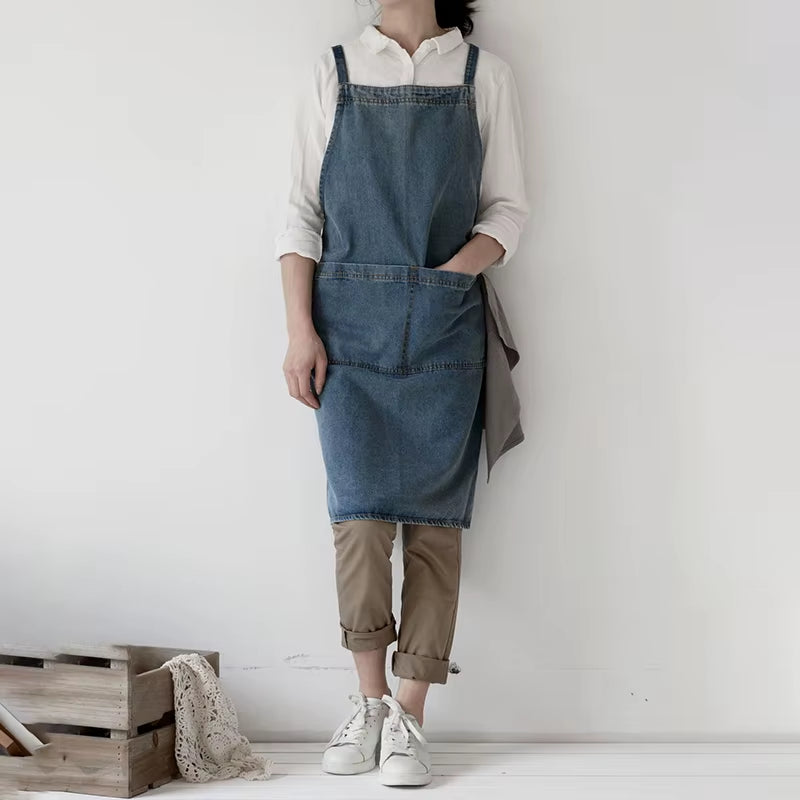 Denim Apron Cotton Korean Canvas Antifouling Home Cleaning Kitchen Cooking Work Clothes Barber Apron Leisure Gardening Baking
