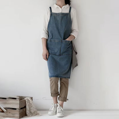 Denim Apron Cotton Korean Canvas Antifouling Home Cleaning Kitchen Cooking Work Clothes Barber Apron Leisure Gardening Baking